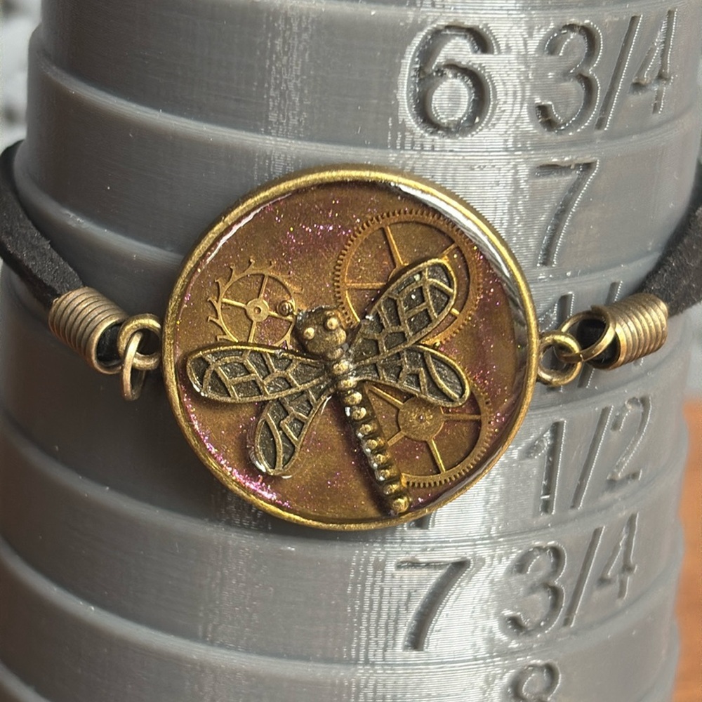 Hand Crafted dragonfly Bracelet with Pink Accents and Gears